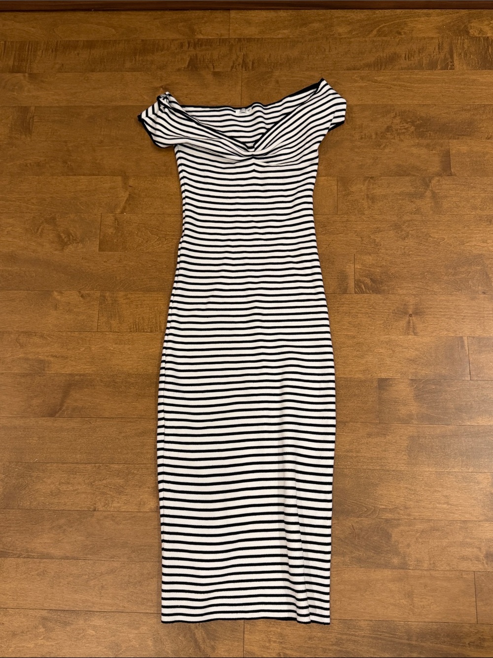 Ardene Black and White Striped Off-Shoulder Midi Dress
